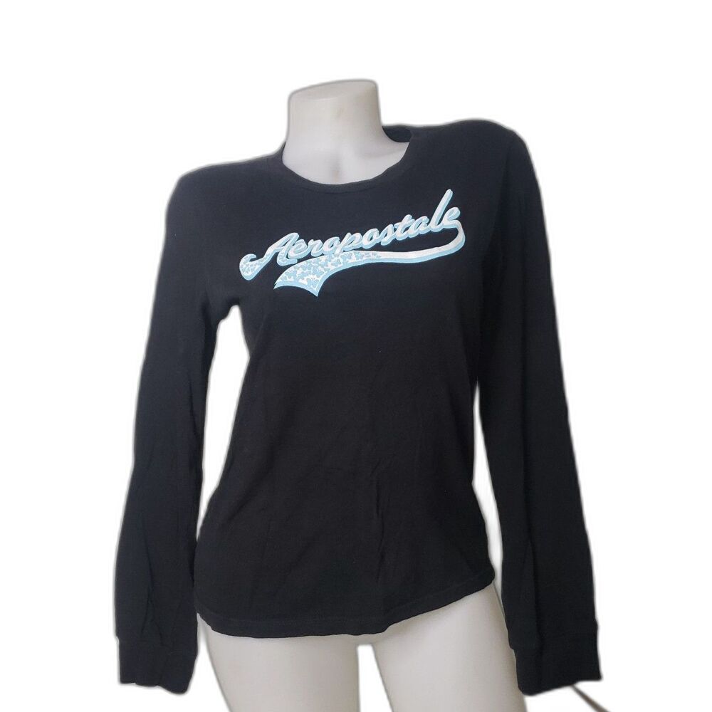 Vintage AEROPOSTALE Crew Neck Black Long Sleeve Baby Tee Shirt Juniors Size XL